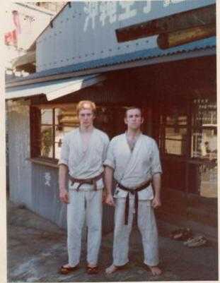 Sensei Graham Ravey and Steve Bellamy(Nidan) outside the Yoyogi Dojo after a workout
