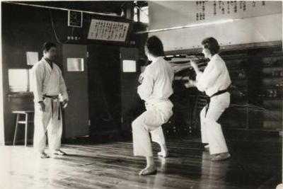 Sensei Higaonna, Graham Ravey and Bruce Anderson, morning Kata training at Yoyogi Dojo
